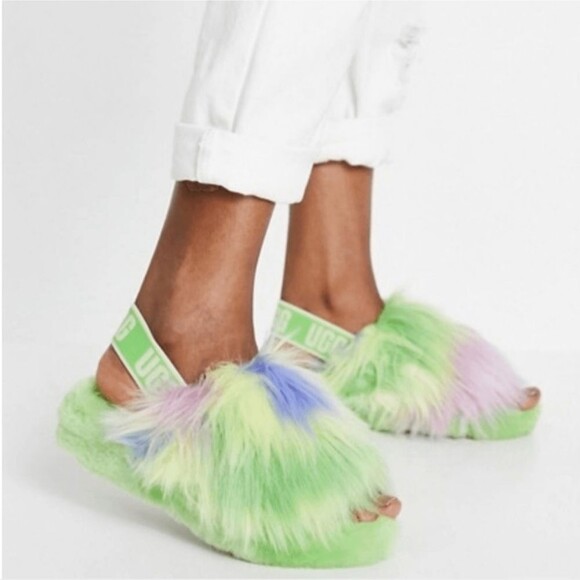 UGG Shoes - UGG Fluff Yeah Green Tie Dye Faux Fur Sheepskin Slingback Slides Slippers, Sz 6